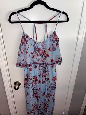 Light Blue Floral Maxi Dress with Red/Pink Blooms